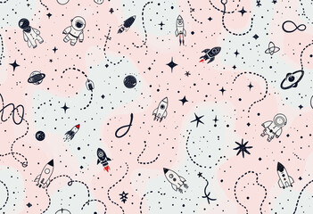 Various space-themed elements, including a person, a rocket, a planet, and a star, all set against a light pink background with black dots and lines. Vector patterns, random pattern