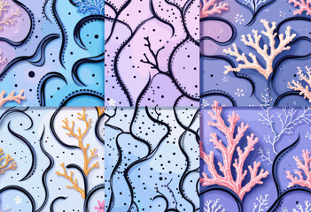 Six distinct squares, each featuring a unique design with a combination of pink, blue, and white elements, including coral, trees, and dots. Vector patterns, random pattern