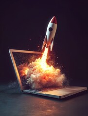 Startup concept with rocket flying out of laptop screen on black background. Sideview, 3D Rendering
