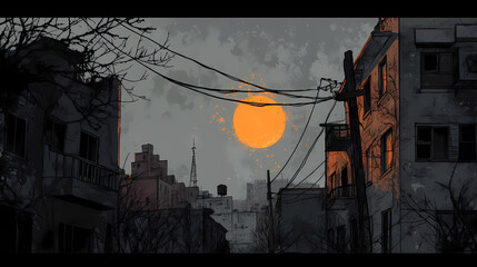 Ghost town's embers glow beneath a grey, oppressive sky; an urban explorer's quest. Ghost Towns & Abandoned Places. Illustration