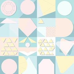 A grid of various geometric shapes, including circles, triangles, and rectangles, arranged in a visually appealing and symmetrical manner. Vector patterns, random pattern