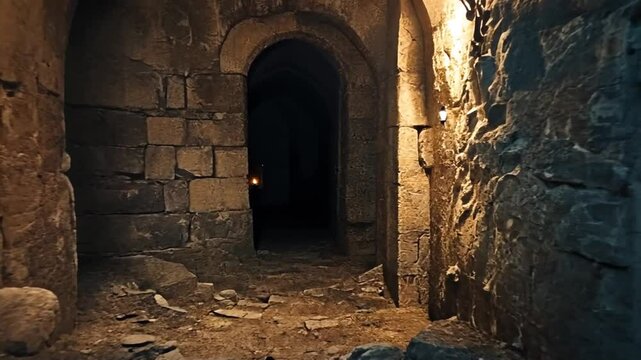 Mysterious ancient stone passage with dim light and arched doorway leading into darkness