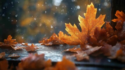 Autumn leaves on windowsill, rain outside, fall season, nature background, seasonal imagery