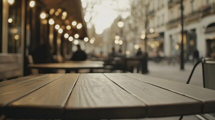 Obraz premium Empty cafe table, city street, evening, bokeh