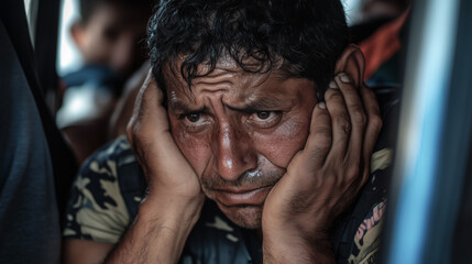 A war veteran suffers from PTSD, holding his head in distress. The deep trauma of combat leaves lasting scars, causing depression, anxiety, and emotional struggles in everyday life