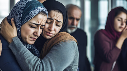 Fototapeta premium Heartbroken Muslim family grieving tragic loss, death of loved one. Emotions of drama, tears, sorrow. tragic moment of mourning at death of close relative