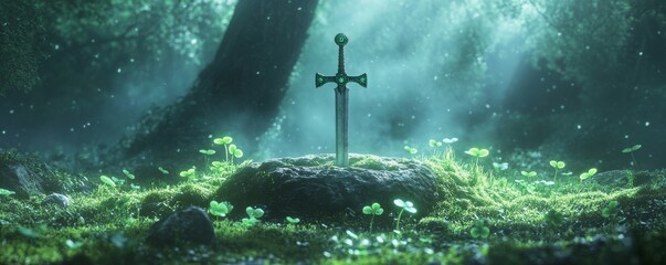 Fototapeta premium A mystical sword embedded in a stone within a forest.
