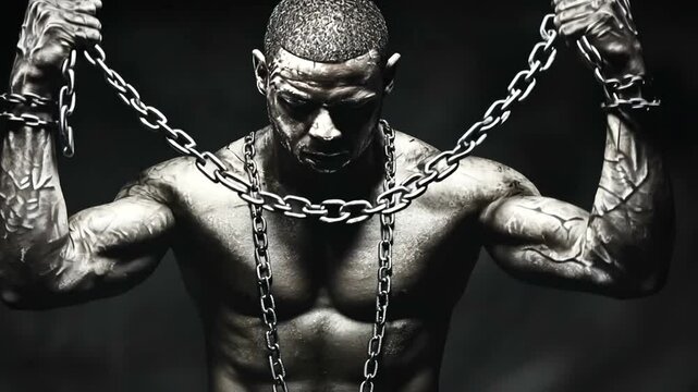 Muscular man with chains in dramatic lighting, showcasing strength