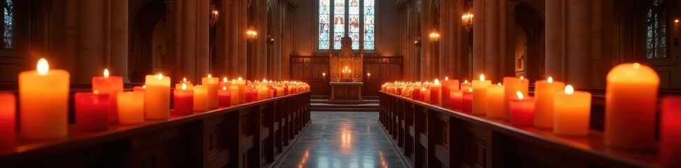 Fototapeta premium Many flickering candles in a church sanctuary , design, candles, calm
