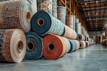High-quality carpet rolls neatly displayed in a warehouse, showcasing Persian area rugs in a stylish product arrangement
