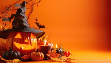 A festive Halloween scene with carved pumpkins and autumn leaves on an orange background, perfect for the spooky season.