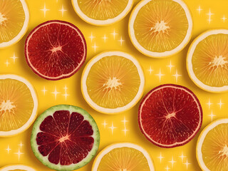 Zitrusfrüchte: Orangen und Blutorangen auf gelbem Hintergrund