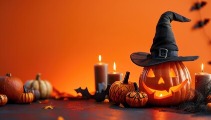A festive Halloween scene with carved pumpkins and autumn leaves on an orange background, perfect for the spooky season.