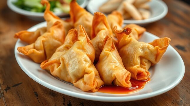 Chinese Krab Crab Rangoon with Dipping Sauce on a White Plate and Rustic table