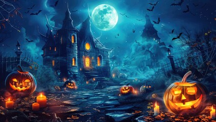Halloween Background with Spooky Pumpkins, Haunted House, and Scary Trees in Cartoon Style