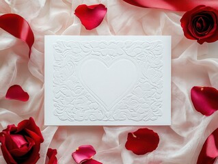 Elegant Valentines day card mockup with embossed heart on silk fabric for romantic designs