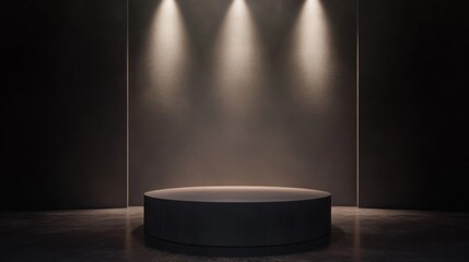 Elegant Dark Podium Exhibition Design with Spotlight Lighting