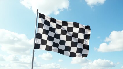Waving black and white checkered flag against blue sky