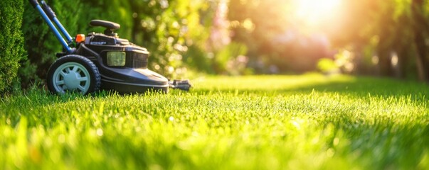 Fototapeta premium Lawn care in a tranquil garden under bright sunlight in the early afternoon