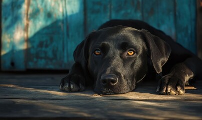 Black Labrador lying peacefully on a wooden porch, with soft natural light illuminating its glossy coat and expressive eyes.