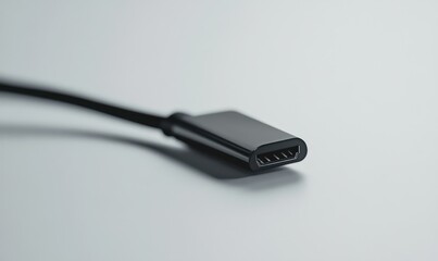 Fototapeta premium Black USB cable lying neatly on a clean bright surface, close-up view of connector details, minimal tech product presentation, sharp contrasts