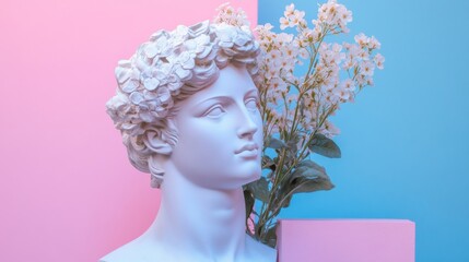 Naklejka premium Elegant White Bust Sculpture with Floral Accents