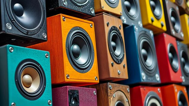 Colorful assortment of speaker boxes stacked in an artistic display