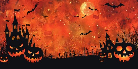 Flat Halloween background with silhouettes of haunted houses, trees, and full moons arranged in a seamless pattern