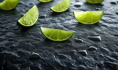 Bright lime wedges scattered on a dark slate surface, glistening with fresh juice and evoking a sense of tropical refreshment