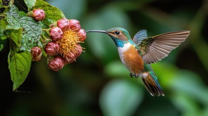 Obraz premium Hummingbird feeding on flower, rainforest, nature, wildlife photography, postcard