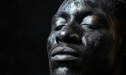 of powder painted face of the African man in dark background