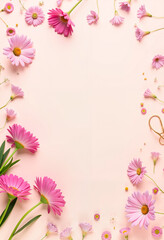 Delicate pink flowers and gold accents on soft background, celebration