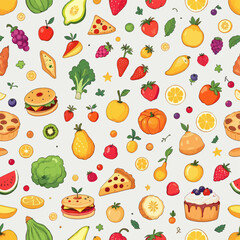 A variety of fruits and vegetables, including apples, oranges, grapes, watermelon, strawberries, kiwi, pears, and broccoli, arranged in a repeating design. Vector patterns, random pattern