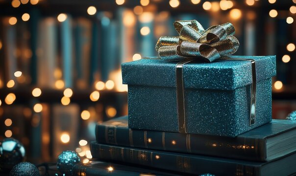 Brightly wrapped gift box with a shimmering bow, placed against a backdrop of stacked books and fairy lights for a festive and intellectual theme
