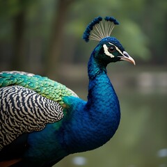 Obraz premium The Indian peafowl or Pavo cristatus, also known as the common peafowl or blue peafowl. Close up view.