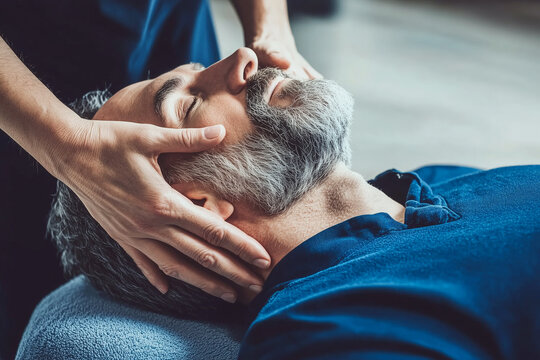 Mature man having a head massage in a spa salon - Powered by Adobe