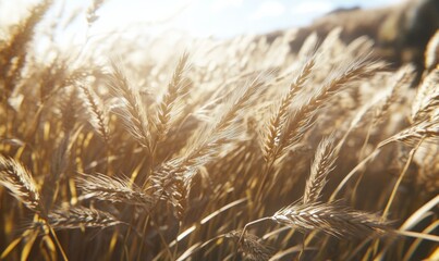 Fototapeta premium Close-up of golden wheat stalks swaying gently in a sunlit field, capturing rural tranquility and natural textures