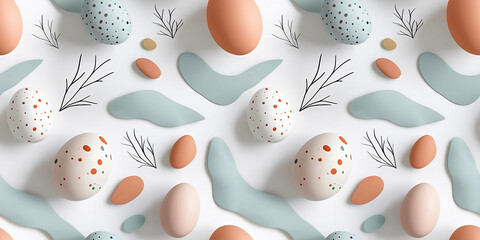 Seamless Easter texture with hand-drawn pastel eggs, twigs, and botanical elements