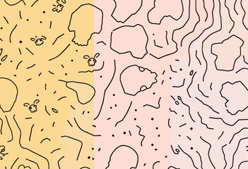 Three distinct sections, each with a unique color and design. Vector patterns, random pattern The left section is yellow, the middle section is pink, and the right section is white. Vector patterns