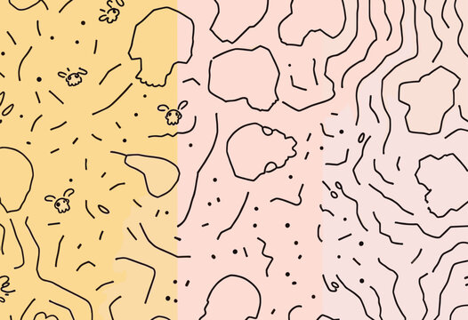 Three distinct sections, each with a unique color and design. Vector patterns, random pattern The left section is yellow, the middle section is pink, and the right section is white. Vector patterns