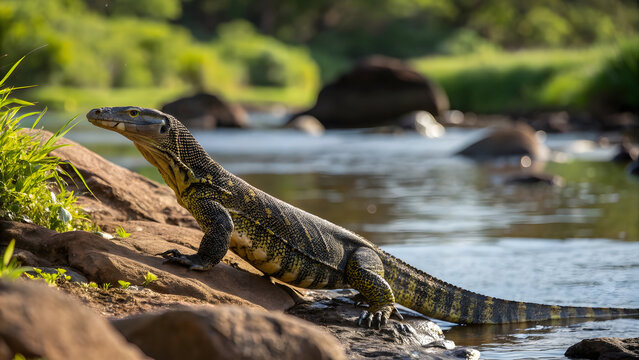 A Nile monitor lizard basking in the sunlight on the banks of a river