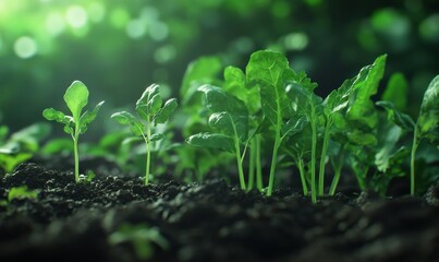 Close-up of various vegetable plants growing in fertile soil, rich green leaves detailed against a bright background, organic gardening concept, fresh vibrant tones