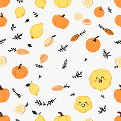 A repeating arrangement of orange pumpkins, lemons, and oranges, along with leaves and bread, all set against a white background. Vector patterns, random pattern