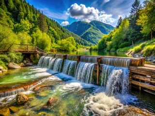 Obraz premium A high-resolution photo reveals a mountain river's cascading waterfall, showcasing deep depth of field and scenic beauty.