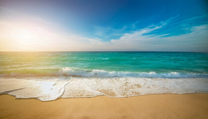 Captivating sunlit beach scene with soft sand and gentle turquoise waves for product mockups