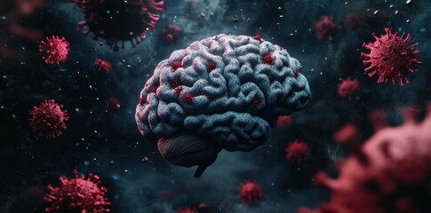 3D rendering of a human brain surrounded by coronavirus The background is dark and has lots of small red and black bacteria floating around the scene Generative AI