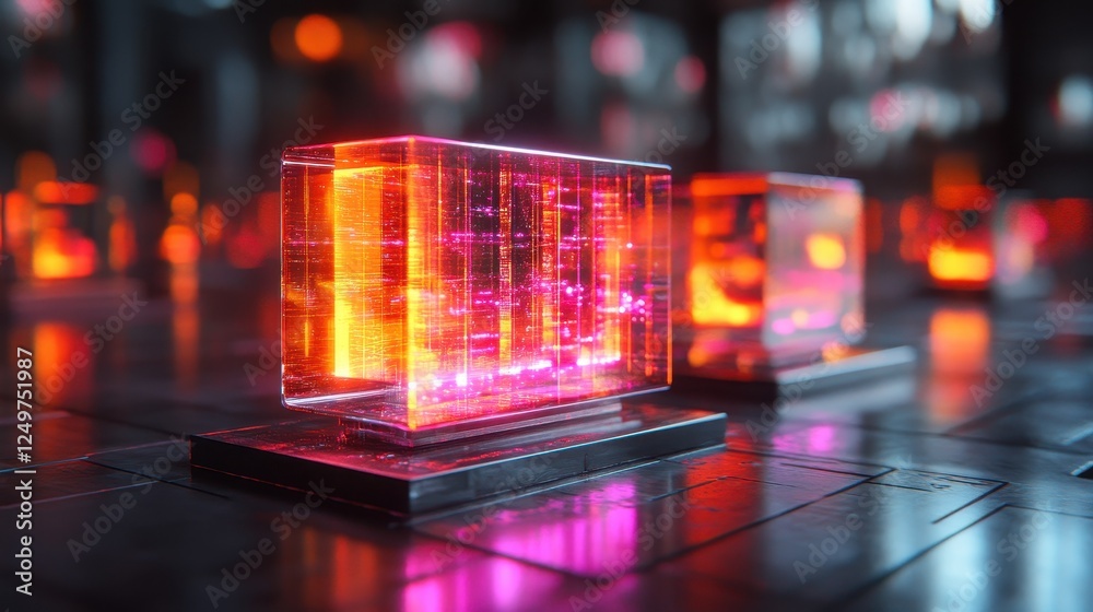 Poster Glowing data cubes in futuristic setting; tech concept