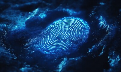 Digital fingerprint glowing in neon blue against a dark minimalist background, sharp biometric tech details, futuristic identity verification concept