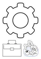 Gear symbol above a briefcase and vegetables reflecting industry, work-life balance, sustainability, and healthy living. Ideal for productivity, work, eco-consciousness, agriculture, career growth