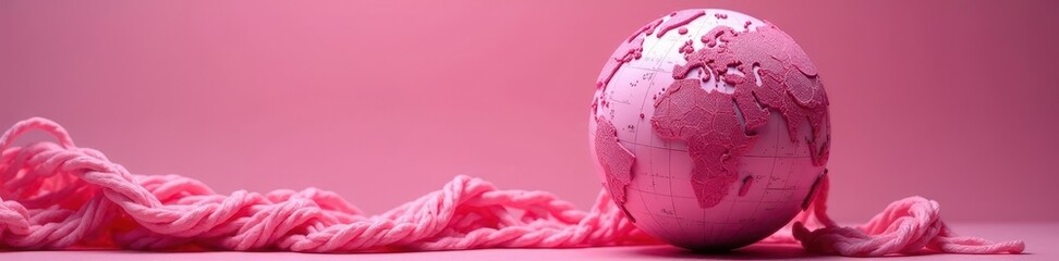 Wrapped globe in pink fabric with threads of different lengths and textures, creating a unique mosaic effect, abstract , fabric, unity